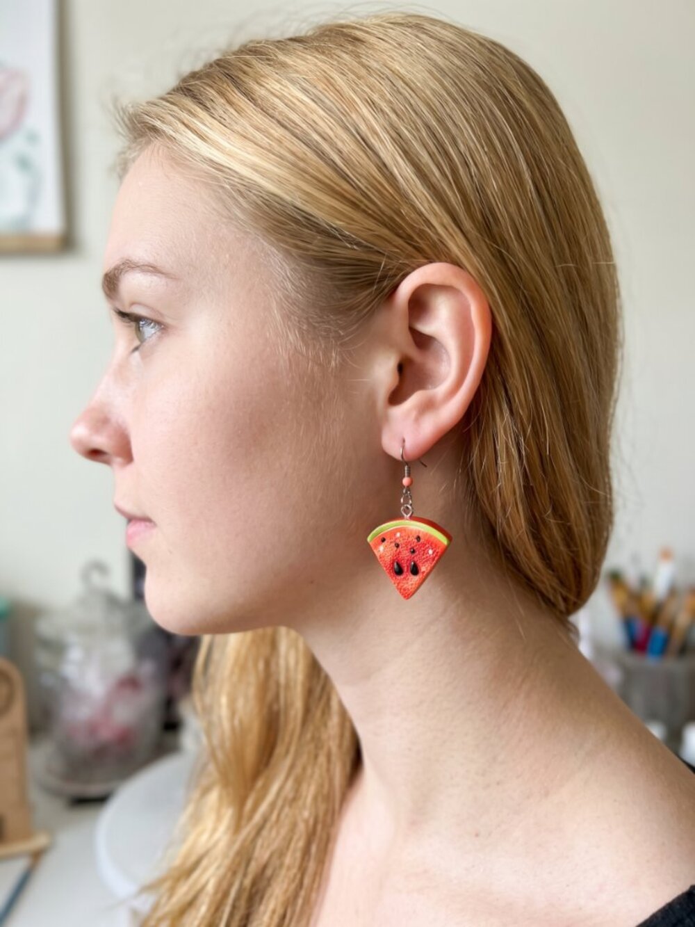 Handmade Resin Watermelon Slice Dangle Earrings | Summer Fruit Jewelry